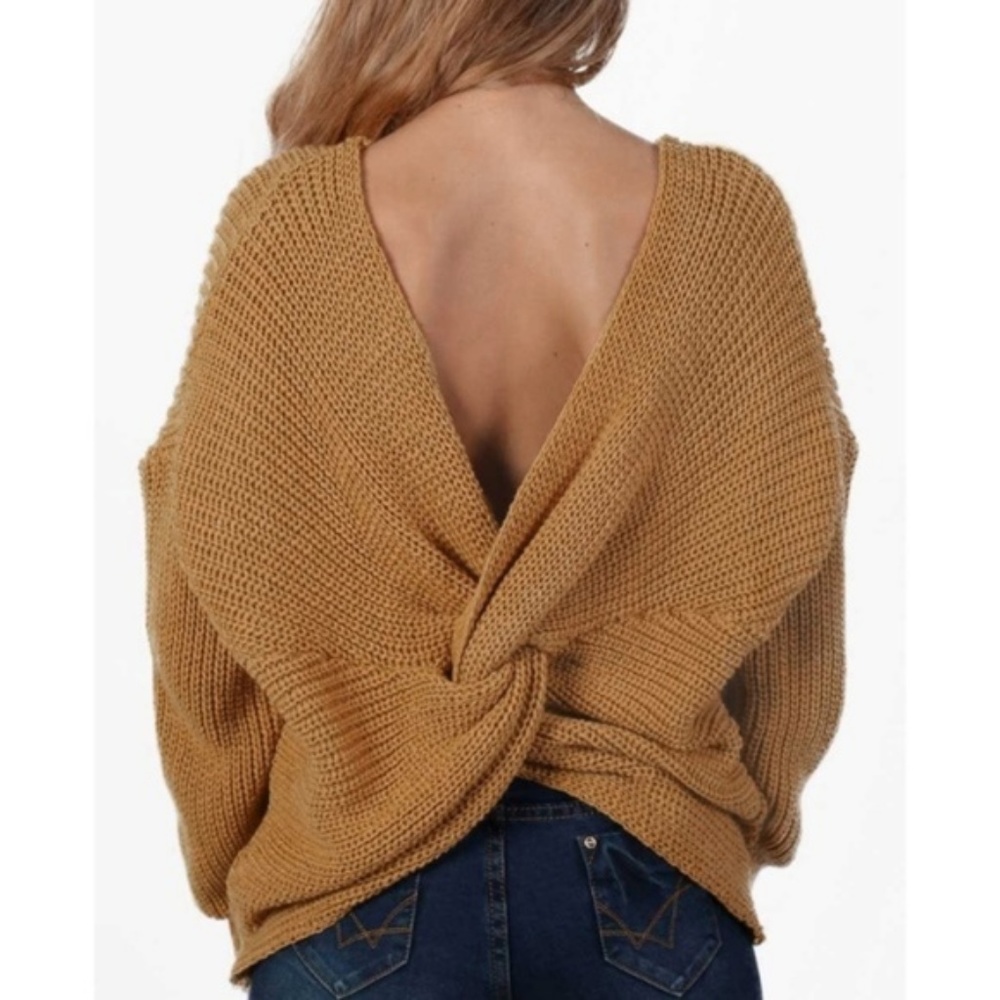 Open Back Twisted Knot Back Comfy Sweater - Picture 8 of 8